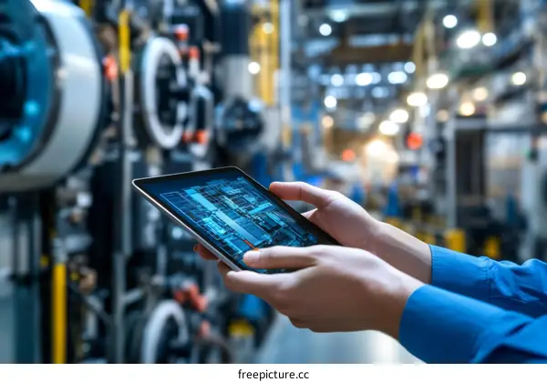 Factory Worker Using Tablet for Industrial Monitoring