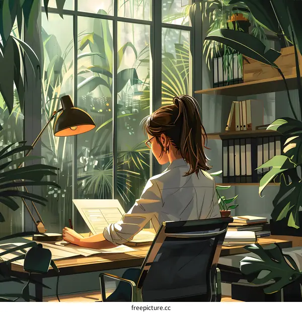 girl studying in a greenhouse