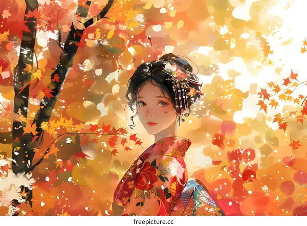 An illustration of a beautiful Asian woman wearing a kimono in an autumn forest
