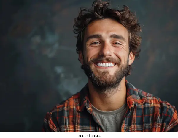 Smiling young man with brown hair and beard wearing a plaid shirt