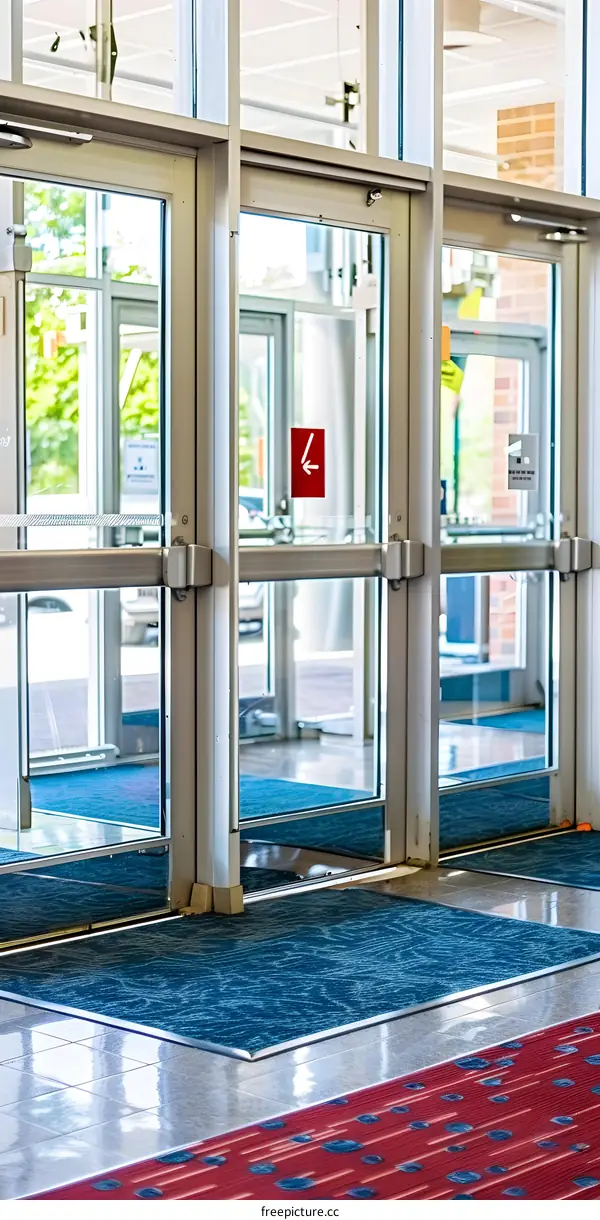 Glass Doors Entrance With Red and Blue Mat