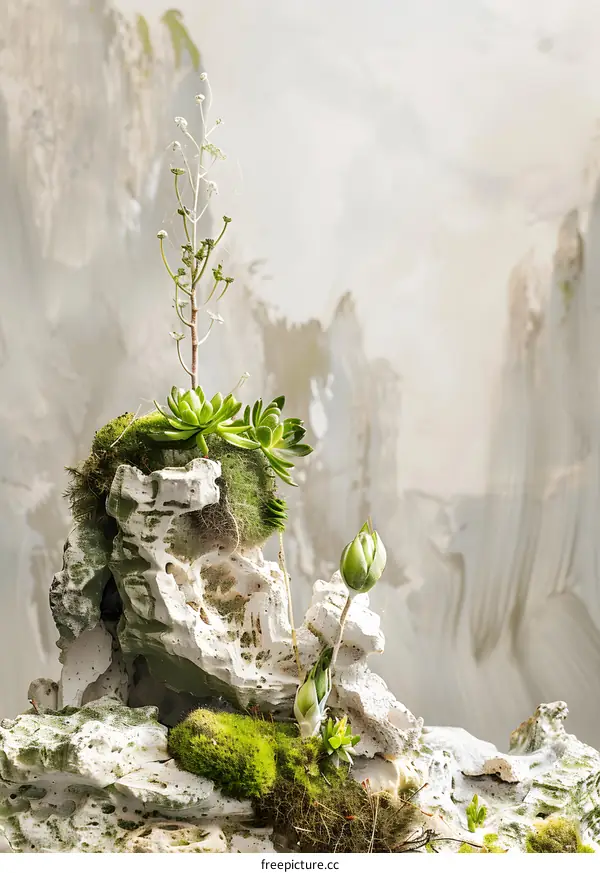 Green Succulents Growing On A White Rock
