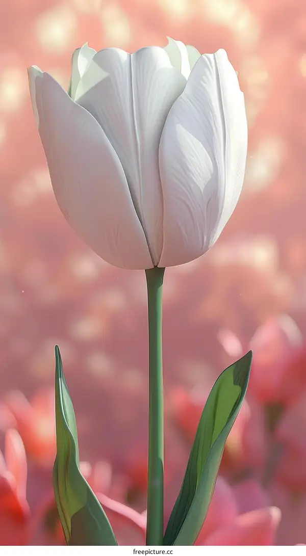 A single white tulip flower in a field of pink tulips