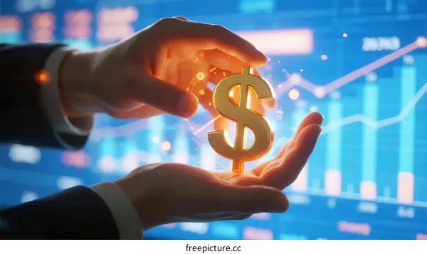 Hands Holding Golden Dollar Sign with Stock Chart Background