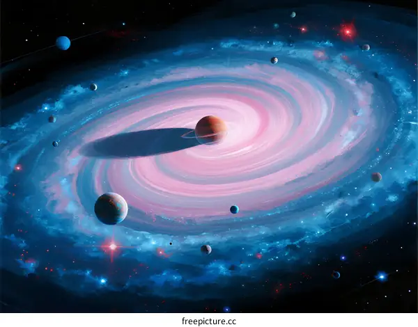 Colorful Spiral Galaxy with Planets and Stars in Space