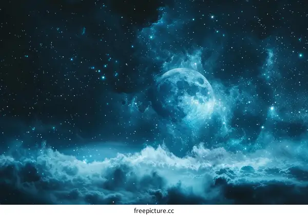 Mystical Blue Night Moon with Stars and Nebulae