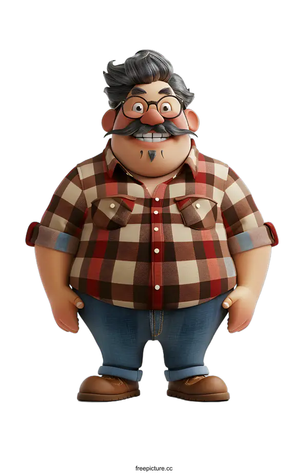 [Transparent Background PNG]A 3D rendering of a cartoon man with a mustache and glasses wearing a plaid shirt and jeans