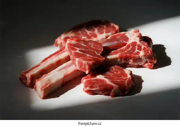 Fresh raw pork meat slices with visible marbling on white background
