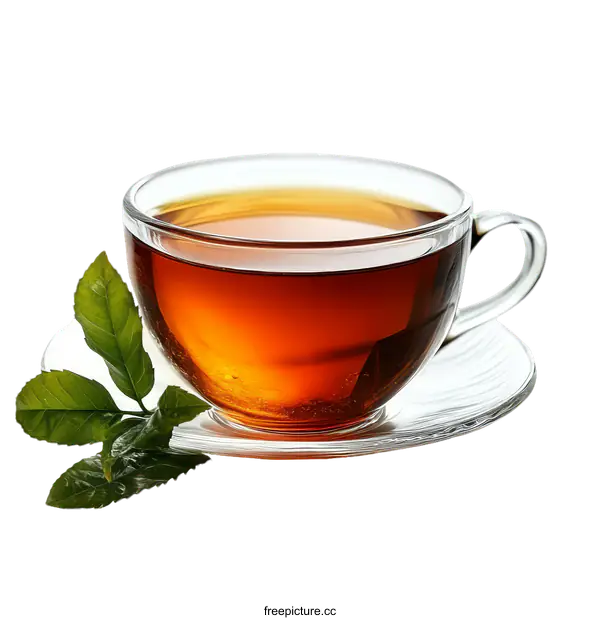 [Transparent Background PNG]A cup of hot tea with fresh green leaves