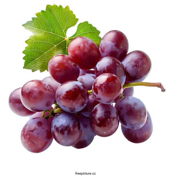 [Transparent Background PNG]A bunch of ripe purple grapes with green leaves isolated on white background