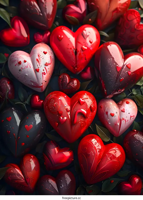 Red heart-shaped candies among green leaves
