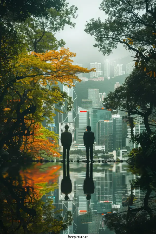 Two People in Park with City Skyline
