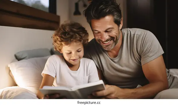 Father and son reading a book together in bed