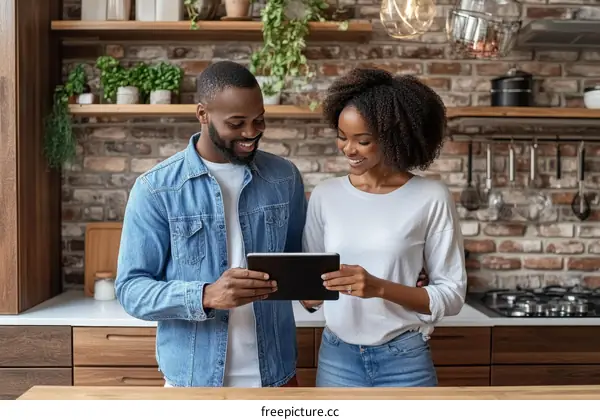 Couple using tablet in modern kitchen
