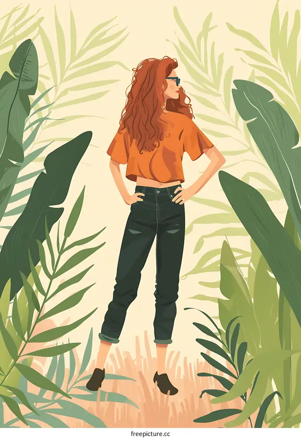 Woman Standing In Tropical Foliage Illustration