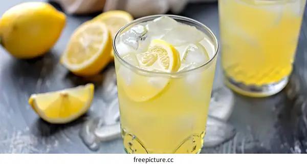 Fresh Homemade Lemonade with Lemon Slices and Ice Cubes