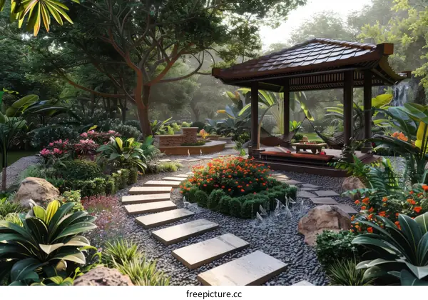Tranquil Garden Design: Lush Landscape with Waterfall