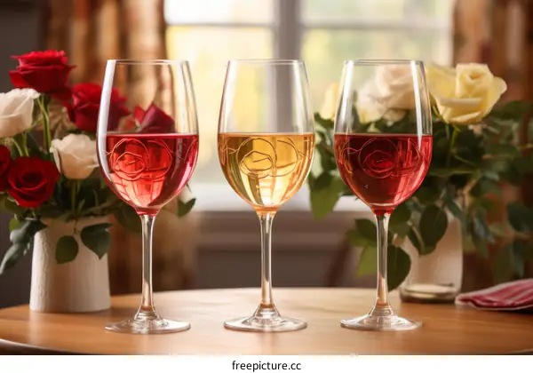 Three Glasses of Wine: Red, White, and Rosé