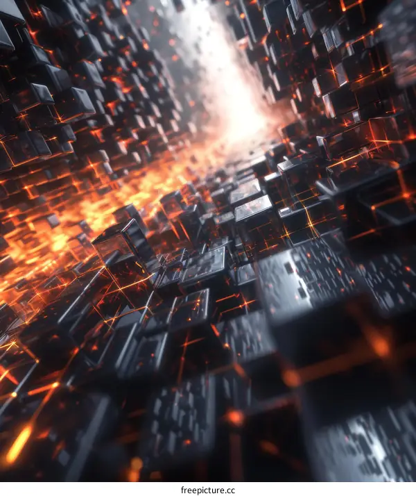 Futuristic Glowing 3D Tunnel of Black and Orange Cubes
