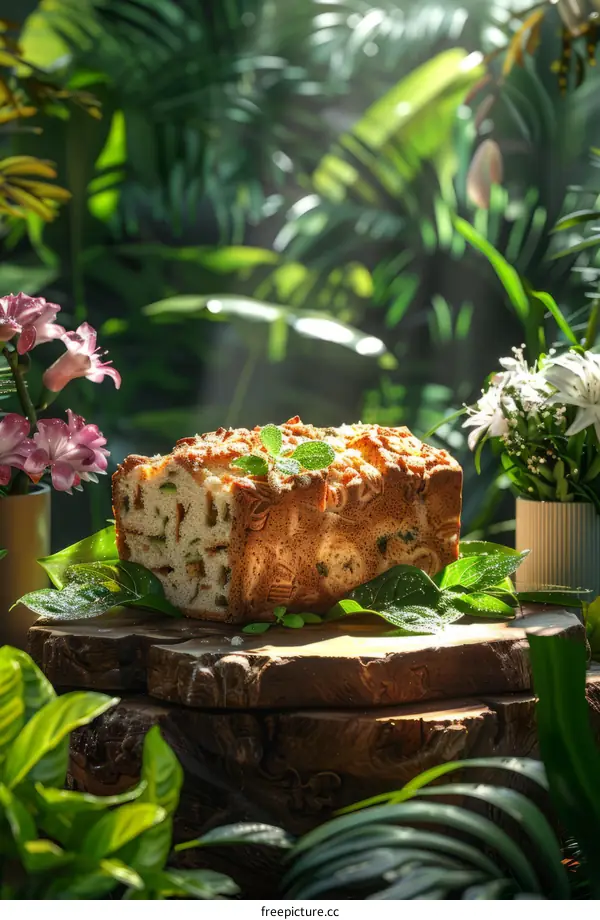 Close up of a delicious cake in the middle of the jungle