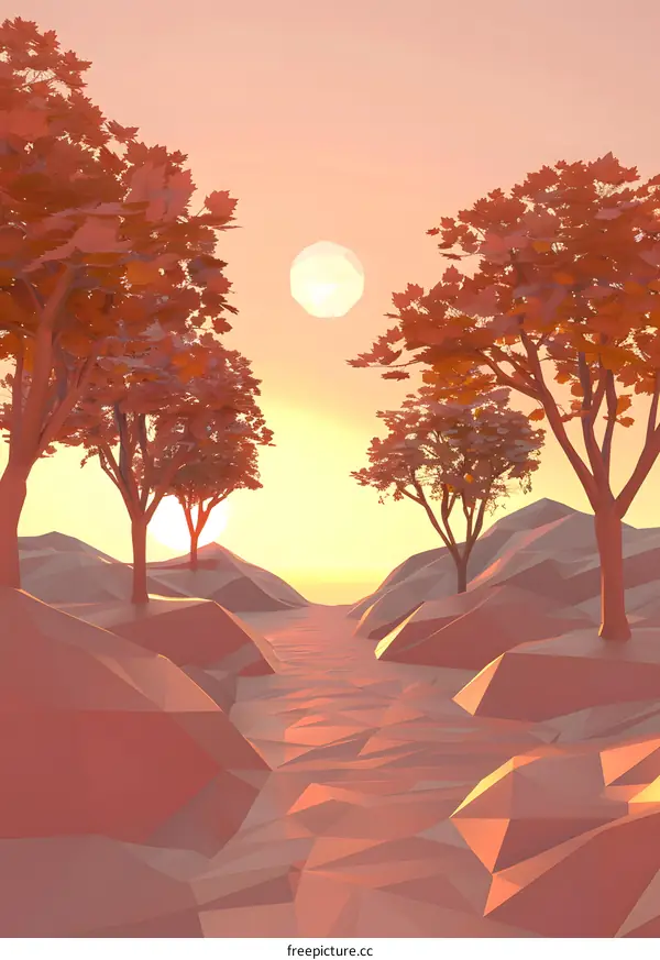 Low Poly Illustration of a Sunset Landscape with Two Trees