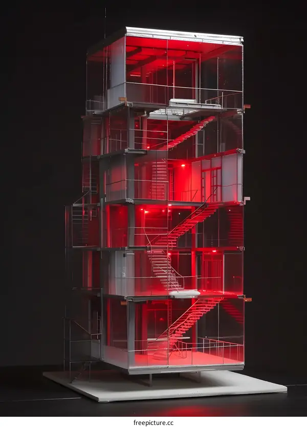 Red Illuminated Glass Building Model