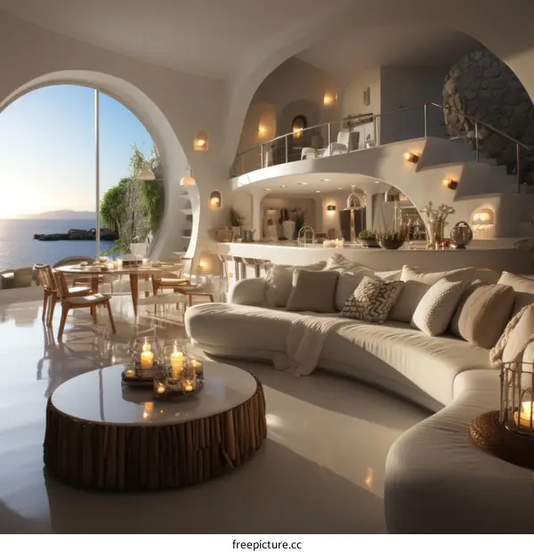 Modern interior design living room with curved sofa and ocean view