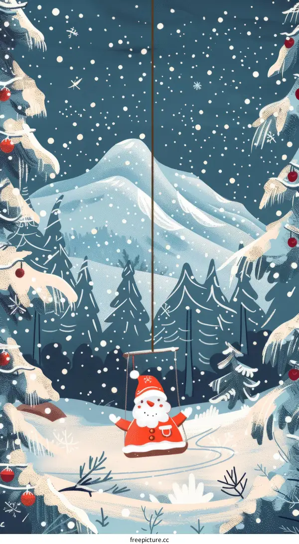Snowy Mountain Landscape with Santa Claus Swinging on a Rope