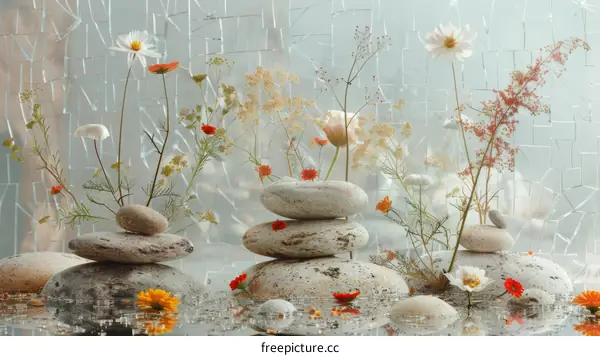 Stones and Flowers in Water with Mirror Reflection