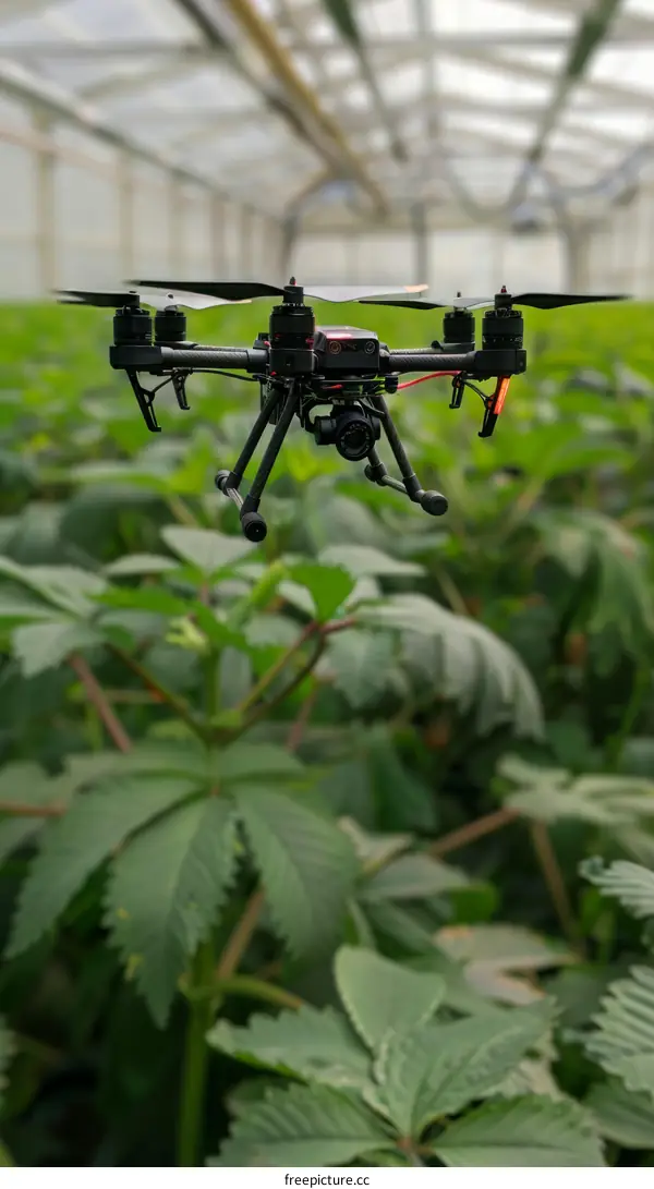 A drone is flying over a field of green plants.