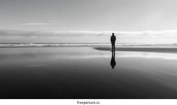 Man standing alone on beach looking out at the ocean