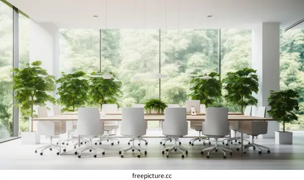 Large conference room with lush plants and large windows