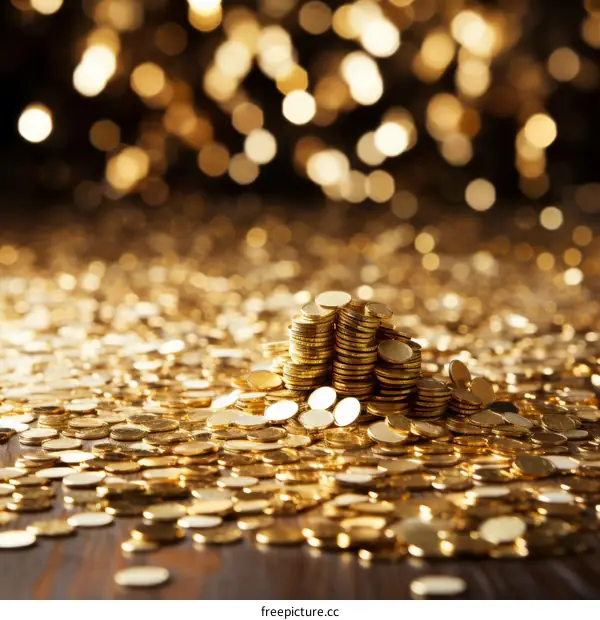 A pile of gold coins with a blurred background