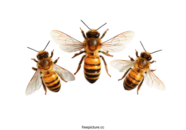 [Transparent Background PNG]Three Honeybees on a White Background