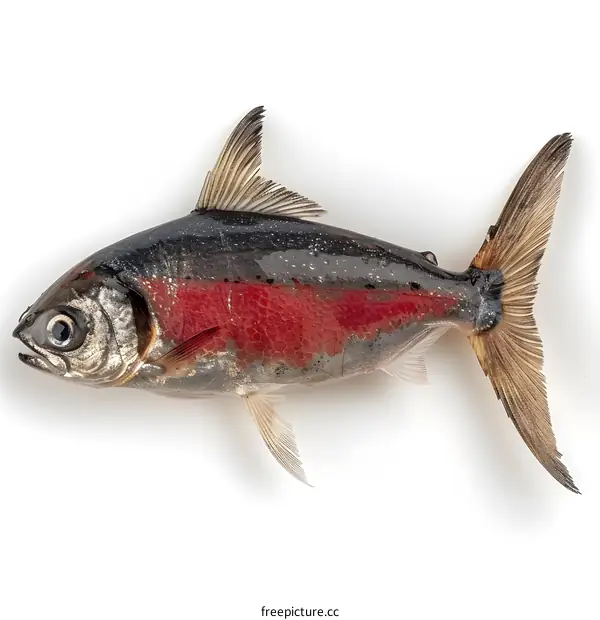 A fish with red gills on a white background
