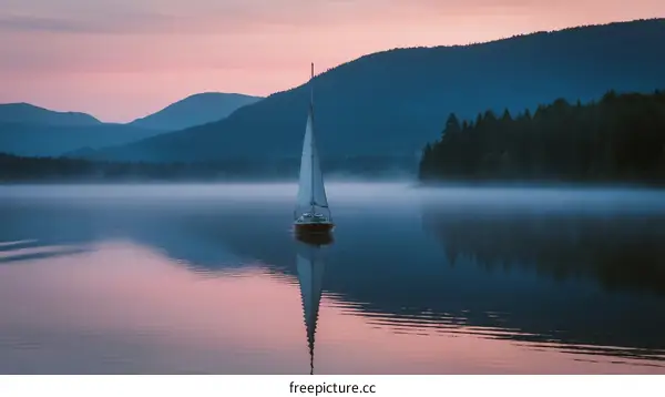 Peaceful Lake Scene with Sailboat at Dawn