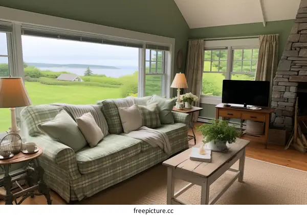 coastal living room with green gingham sofa and wood coffee table