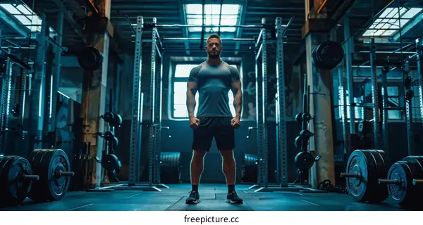 muscular man standing in a dark room with barbells and weights in the background