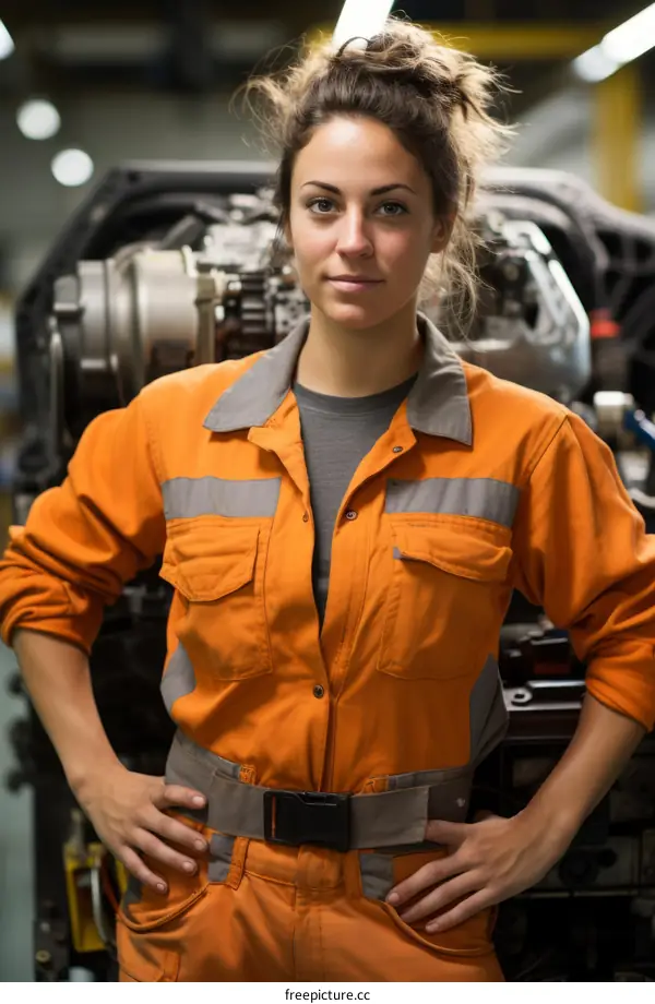 Portrait of a female engineer in an orange jumpsuit standing with hands on hips in front of a large engine