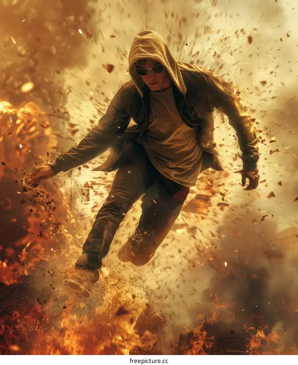 Man running from explosion