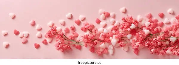 Heart-shaped Sweets and Pink Flowers Arrangement on Pastel Pink Background