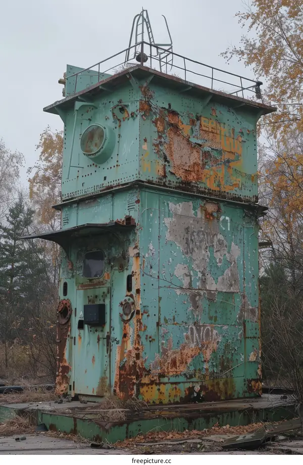 Rundown watchtower in the middle of a forest