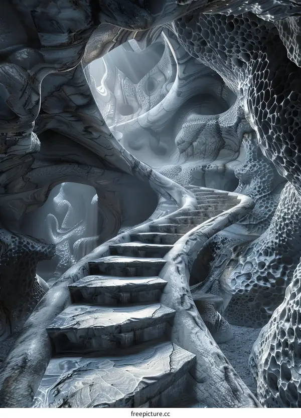 Mystical Underground Cave with Glowing Exit and Stairs