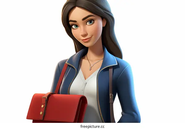 Confident Young Woman in Blue Jacket and Brown Bag