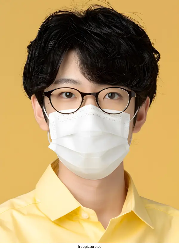 Young Man Wearing Glasses and Face Mask Looking at the Camera