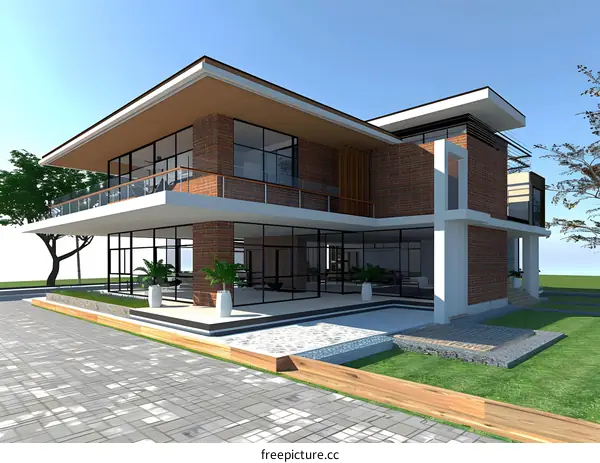 Modern Minimalist Brick House Design with Glass Windows and Patio