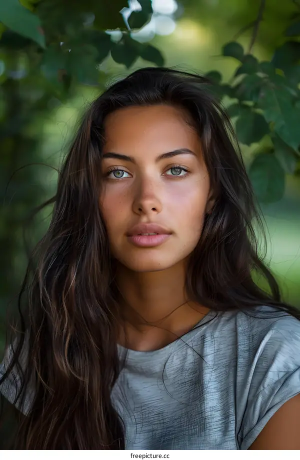 Portrait of a Beautiful Woman with Green Eyes Looking at the Camera