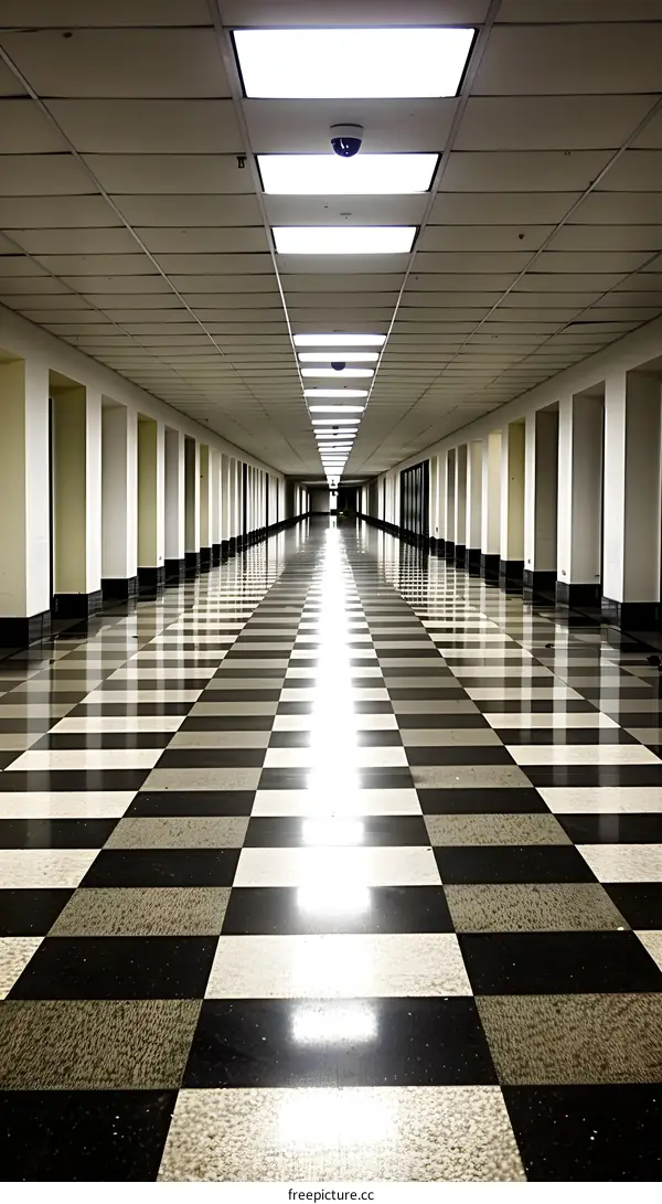 Checkerboard Floor in a Long Empty Corridor