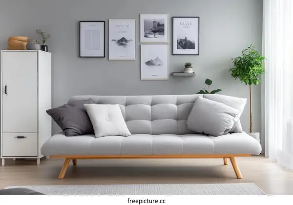 Modern Gray Sofa with Wooden Legs and Decorated Wall
