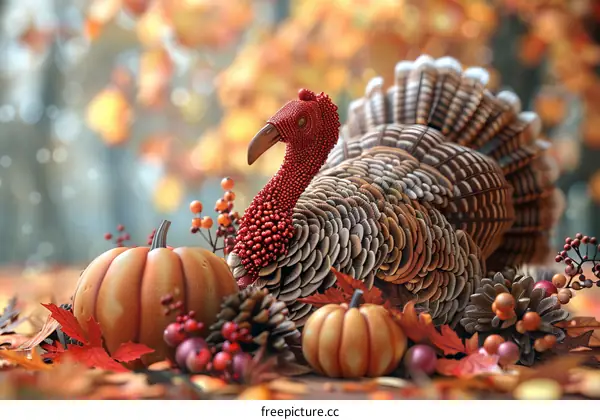 Thankful Harvest Table with Turkey, Pumpkins, and Gourds